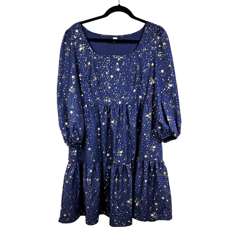 Navy Blue Gold Star Babydoll Tiered Celestial Dress Large Fairycore Whimsigoth